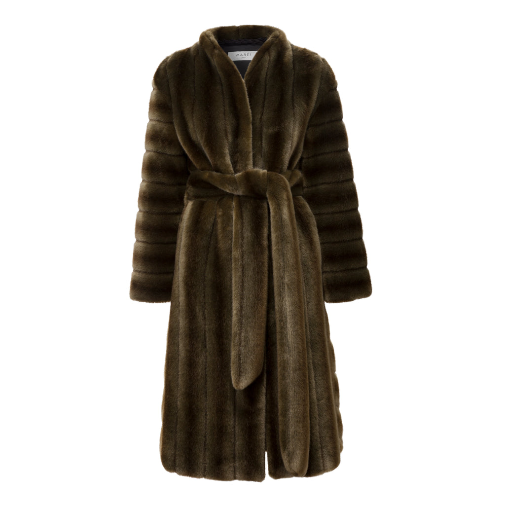 Ecklonis Olive Stripes Faux Fur Robe Coat