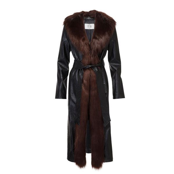 Powderpuff Black Faux Leather Robe Coat with Brown Faux Fur Collar